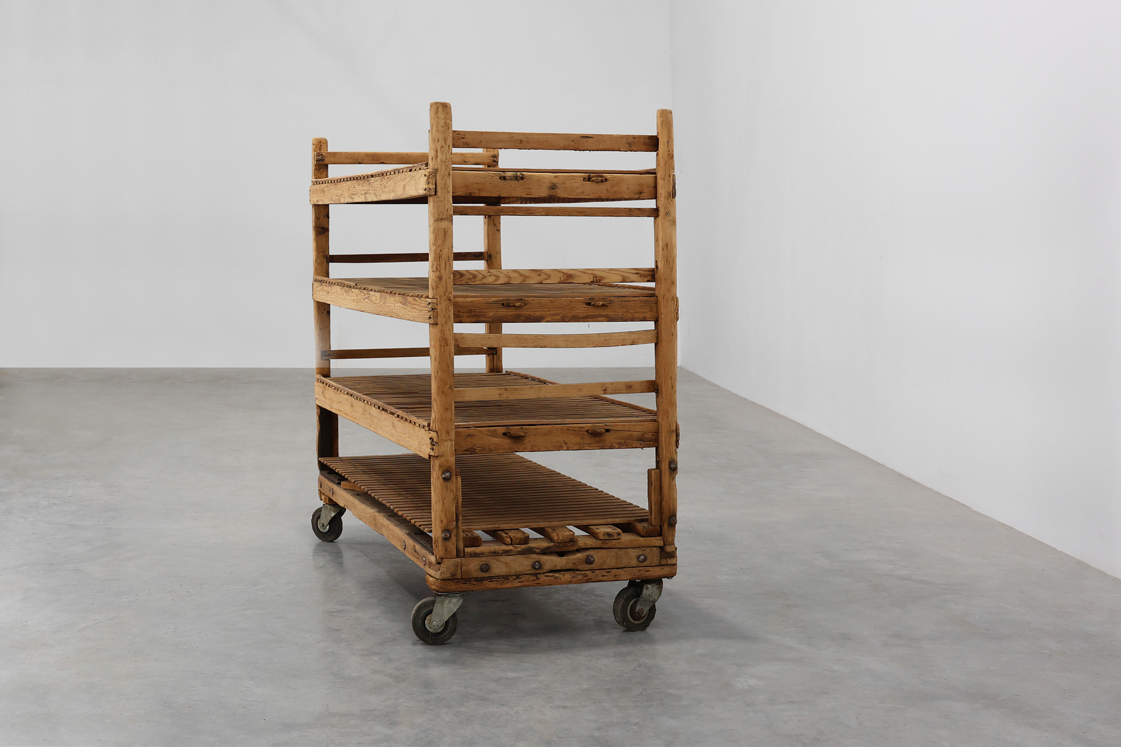 Large baker's cart/ rolling shelf in pine wood, France ca. 1900thumbnail